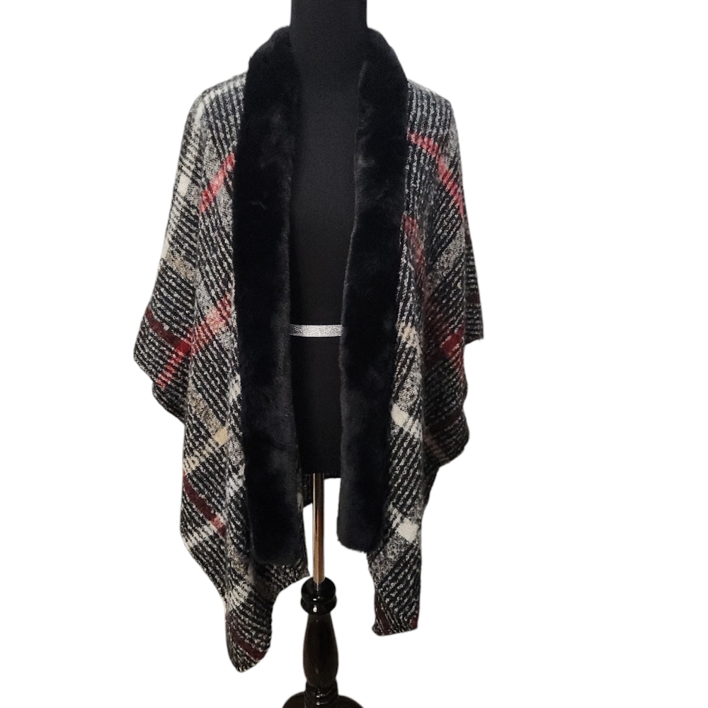 PRICE DROP Poncho Cape Red Black Tan White Plaid with Soft Faux Collar  One Size
